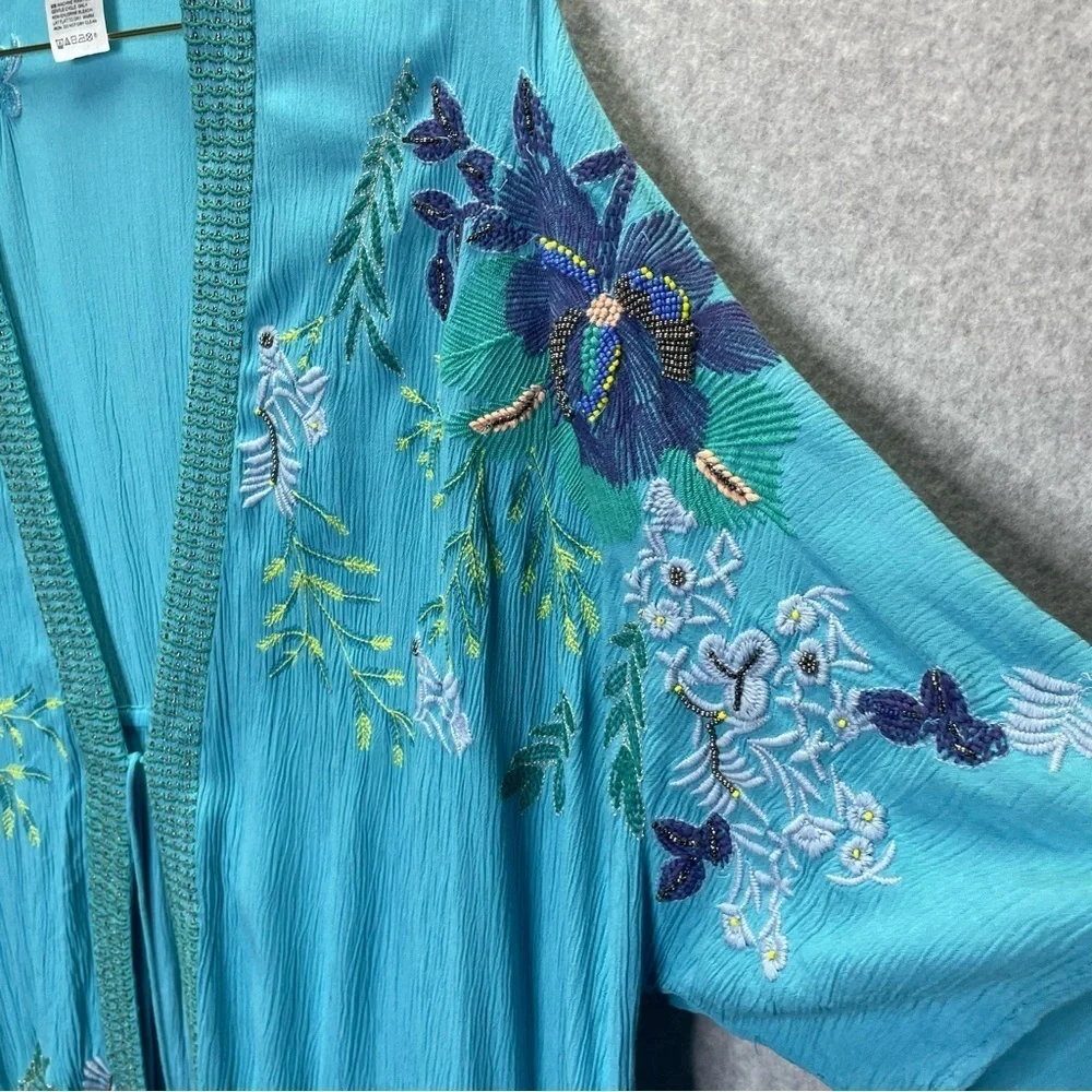 Chico’s Beaded Embroidered Fairycore Whimsy Open Front Tassel Tie Duster